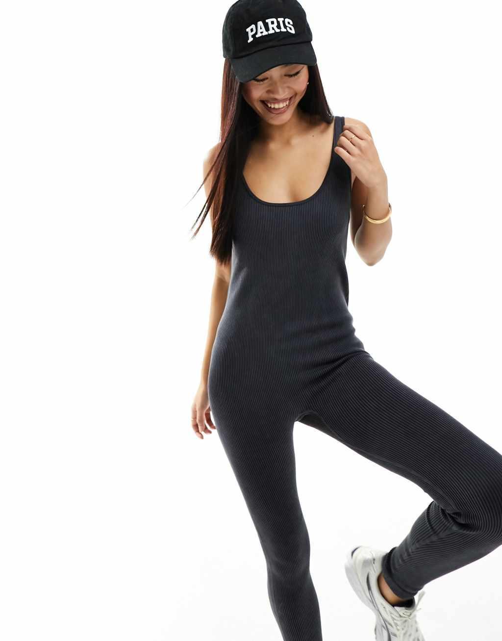 Miss Selfridge seamless rib unitard in washed gray Product Image