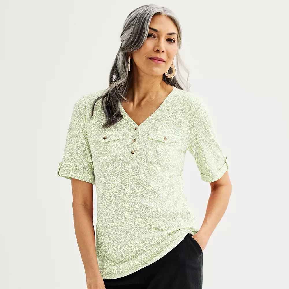 Petite Croft & Barrow® Elbow Sleeve Utility Henley Top, Women's, Size: Small Petite, Green Mosaic Product Image