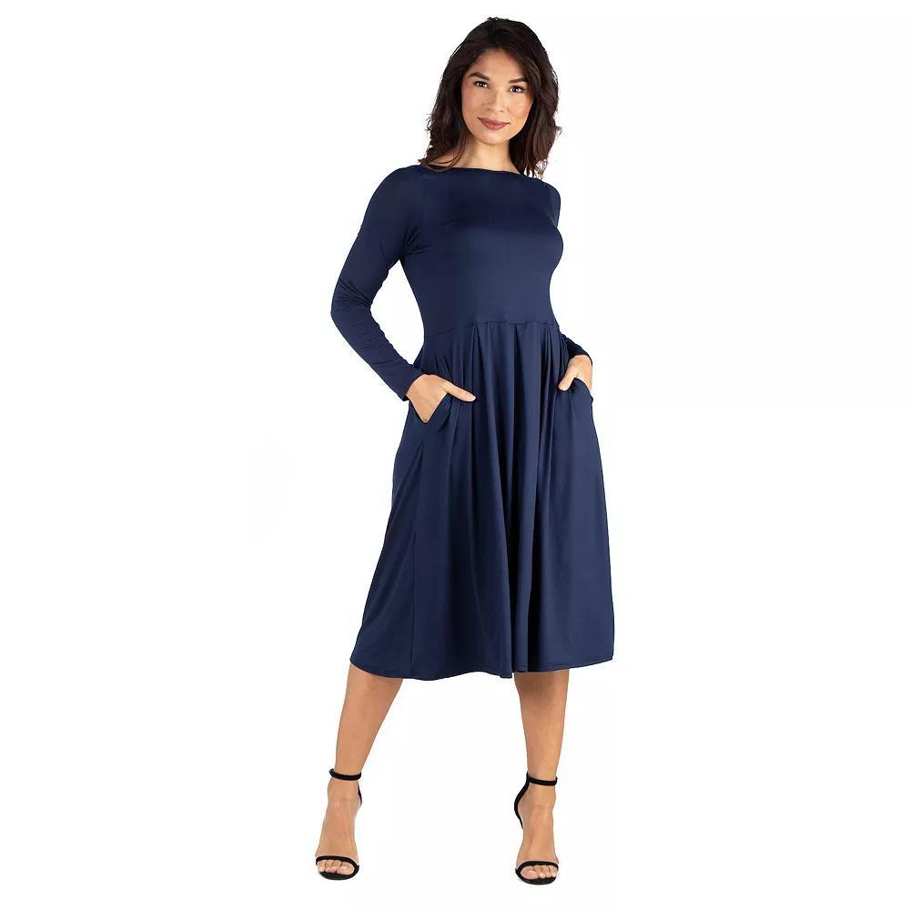 Women's 24Seven Comfort Apparel Long Sleeve Fit & Flare Dress with Pockets, Size: XL, Dark Blue Product Image