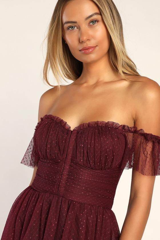 Regal Radiance Burgundy Tulle Bustier Midi Dress Product Image