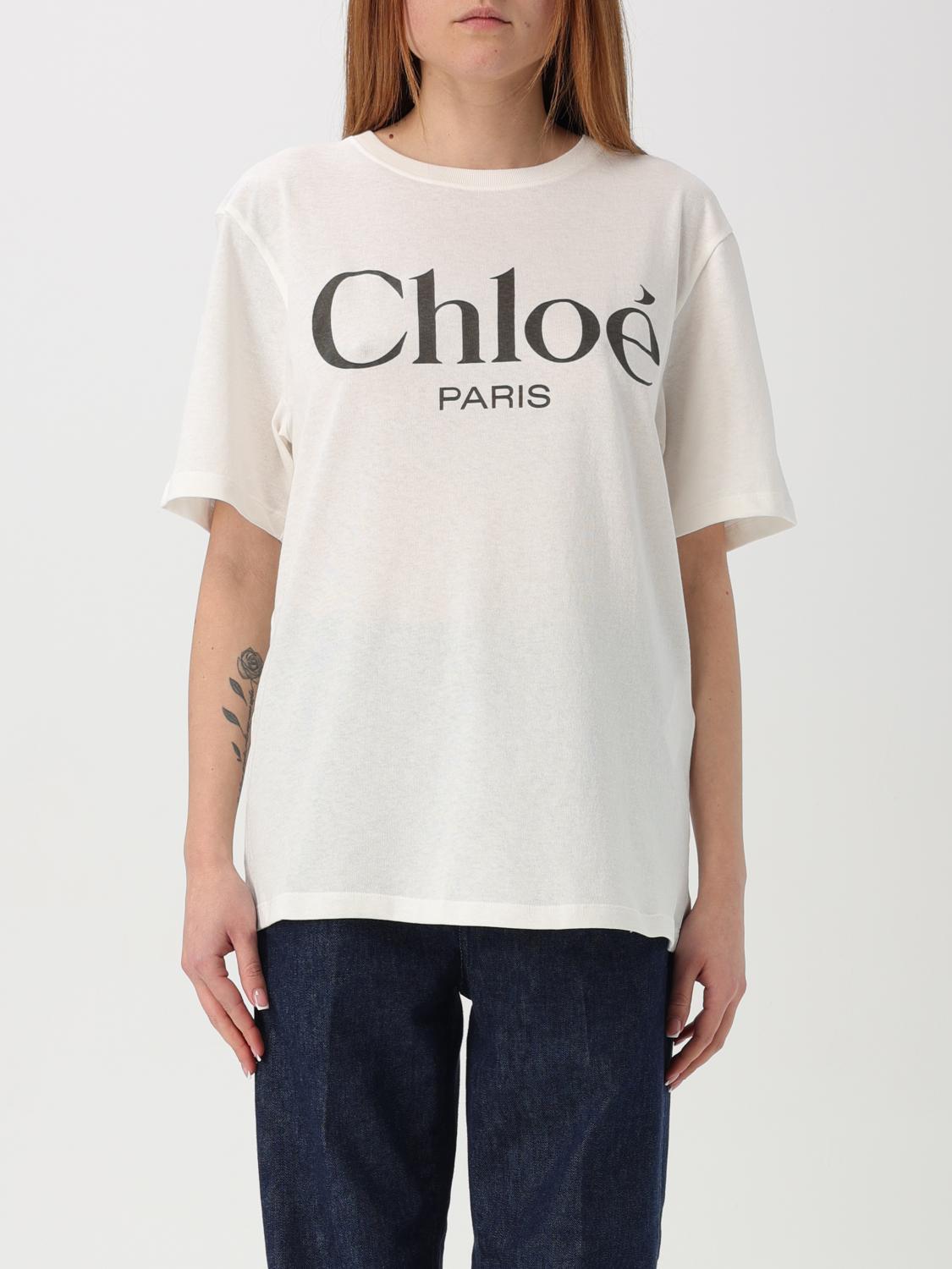 CHLOÉ White Crewneck T-shirt With Logo Print On The Front In Cotton Woman Product Image