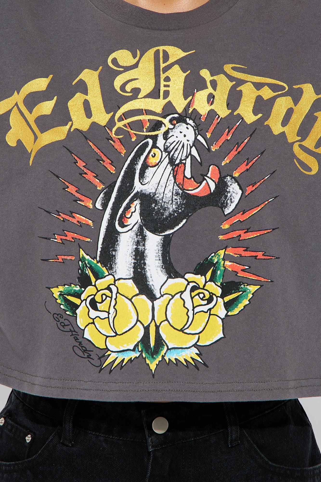 Ed Hardy Panther Rose Cropped Tee - Grey Product Image