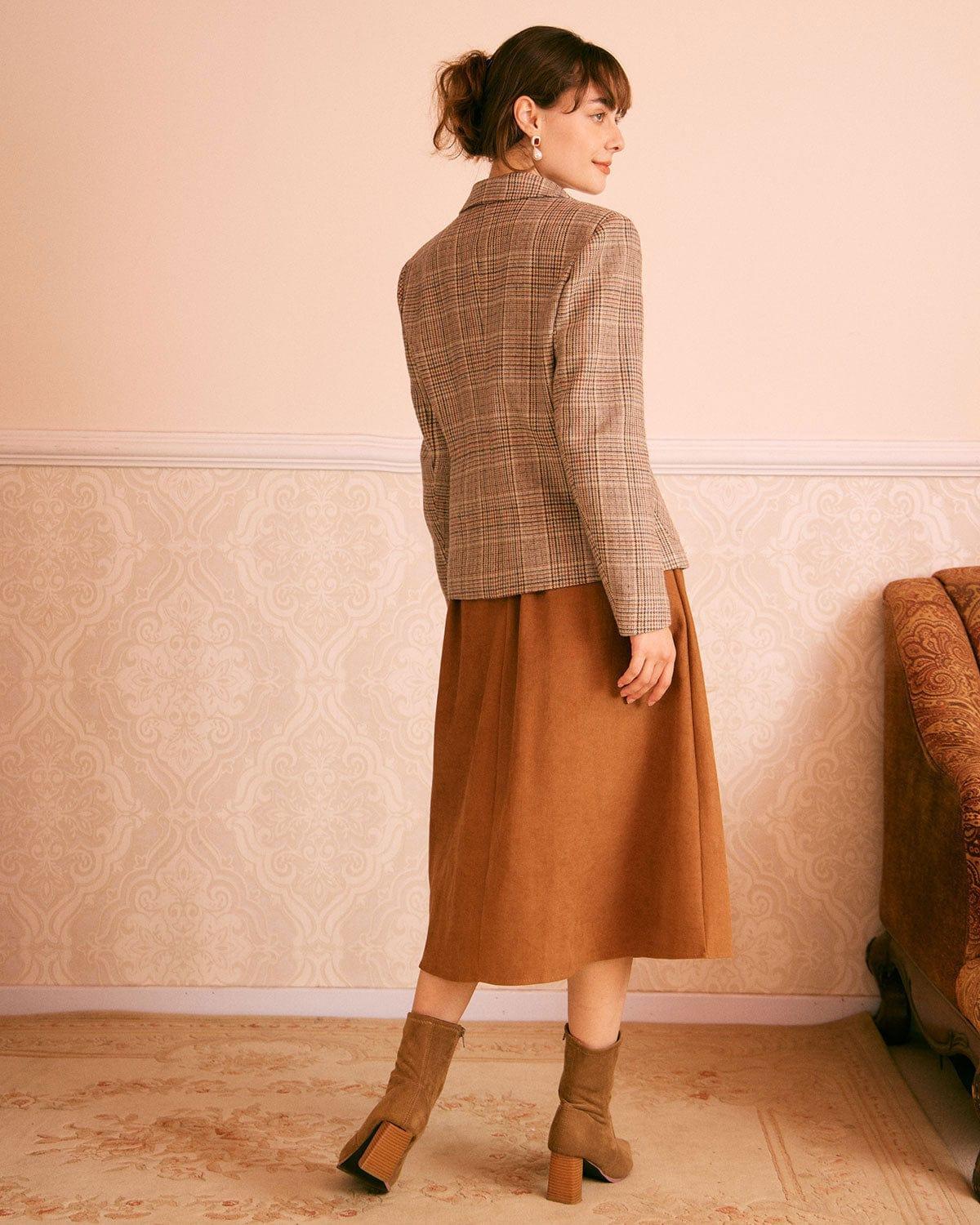 The Khaki Lapel Plaid Single Breasted Blazer Product Image