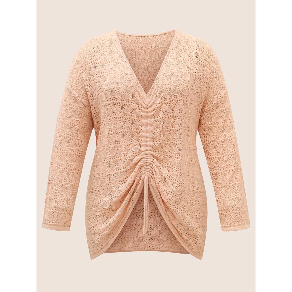 Plus Size Texture Drawstring Shoulder Sleeve Pullover Coral Women Casual Long Sleeve Deep V-neck Everyday Pullovers BloomChic 22-24/3X Product Image