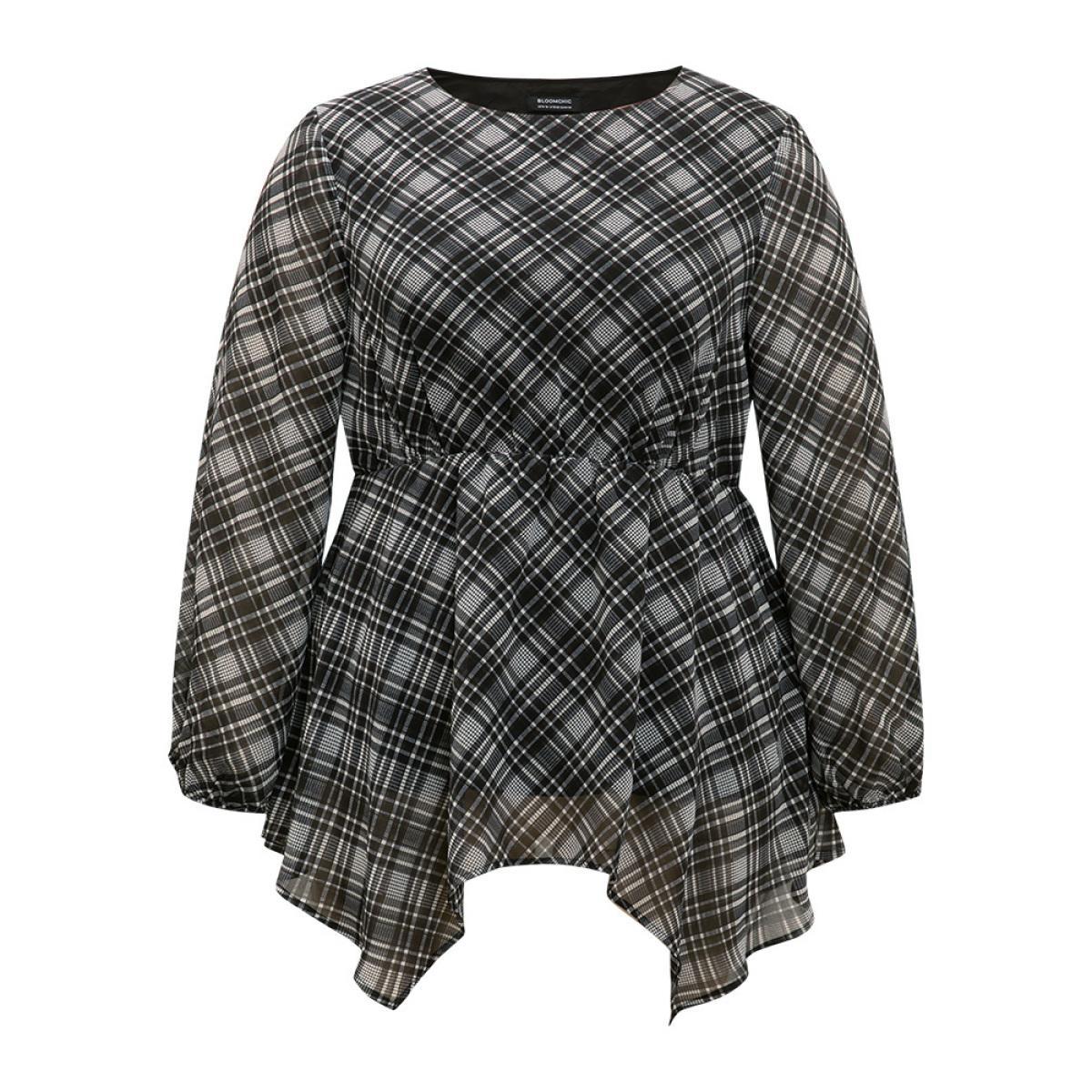 Plus Size Black Plaid Chiffon Lantern Sleeve Hanky Hem Blouse Women Office Long Sleeve Round Neck Work Blouses BloomChic 12/L Product Image