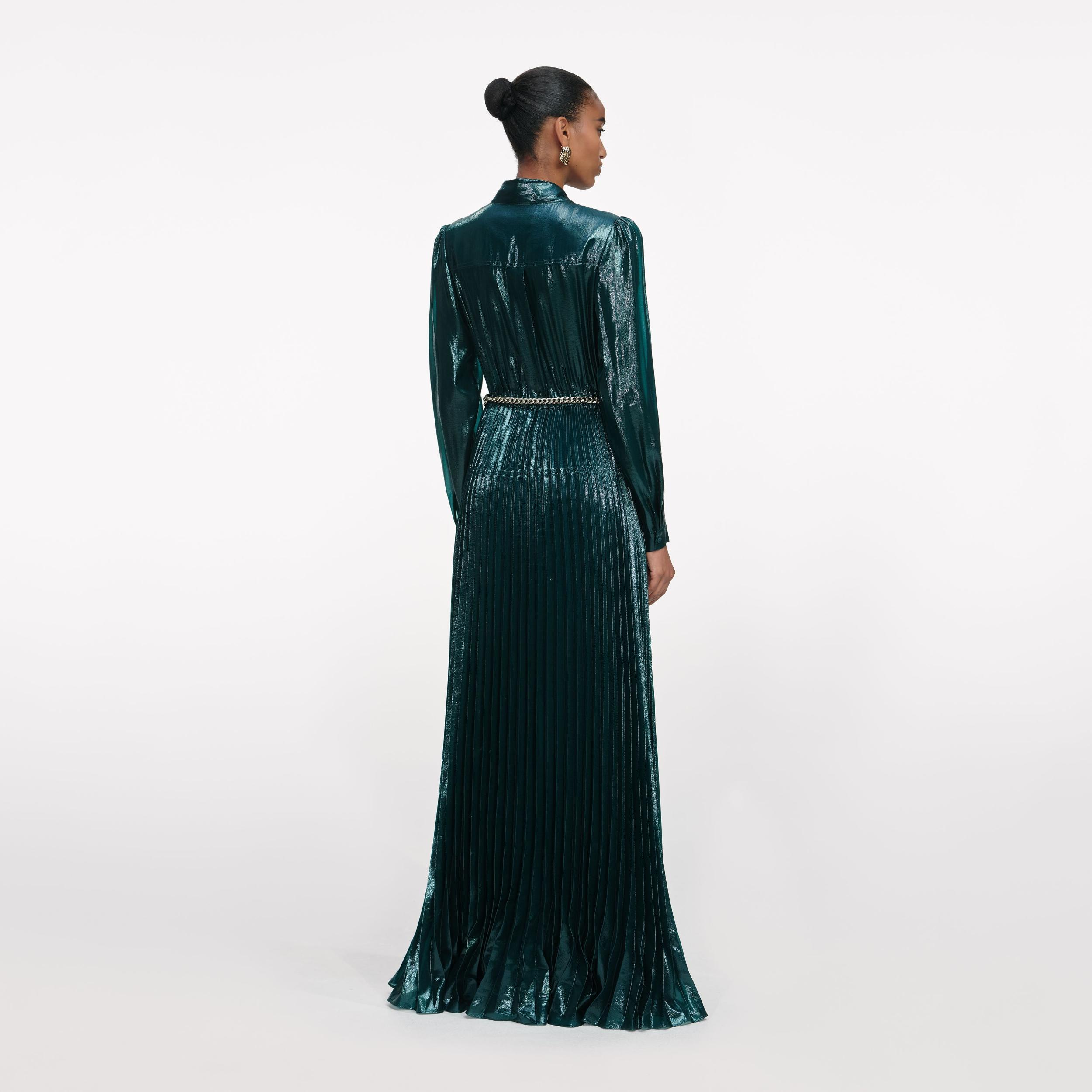 Green Metallic Pussy Bow Maxi Dress Product Image