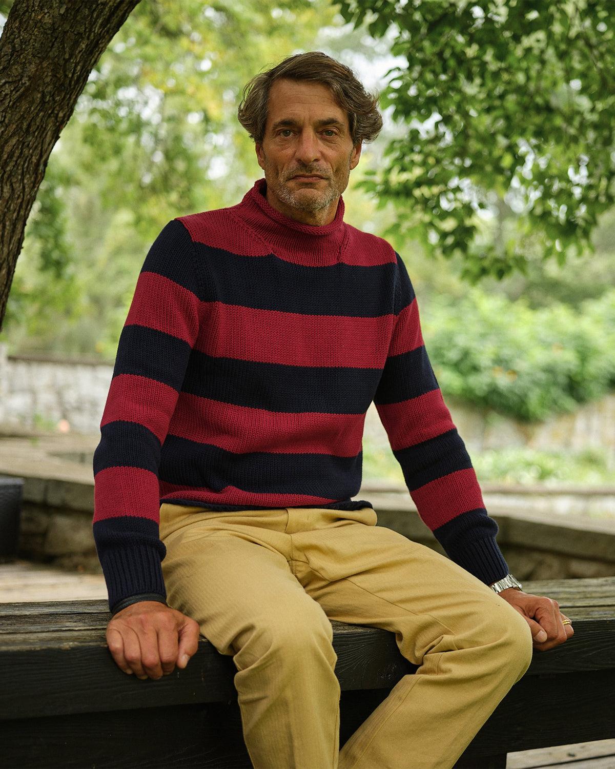 Fisherman's Sweater in Navy/Burgundy Stripe Product Image