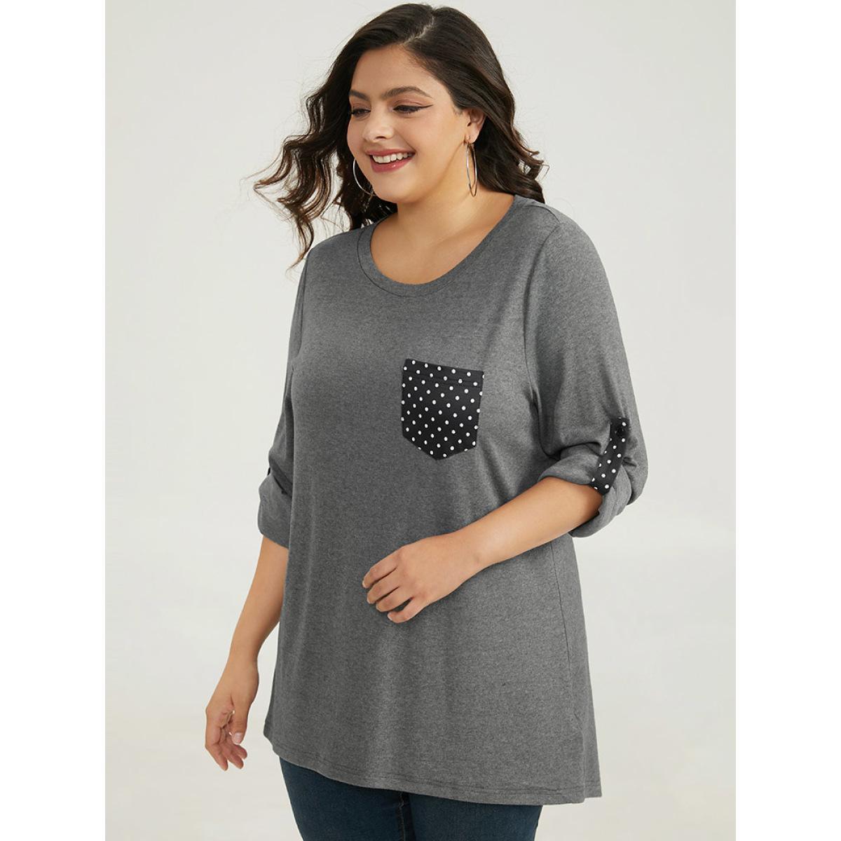 Plus Size Polka Dot Patched Pocket Tab Sleeve T-shirt DimGray Women Casual Contrast Polka Dot Round Neck Dailywear T-shirts BloomChic 28/5X Product Image