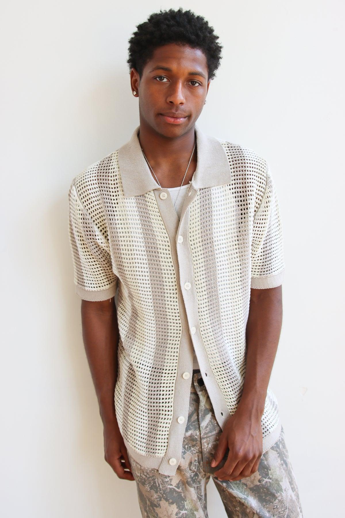 Striped Knit Mesh Button Up Shirt Product Image