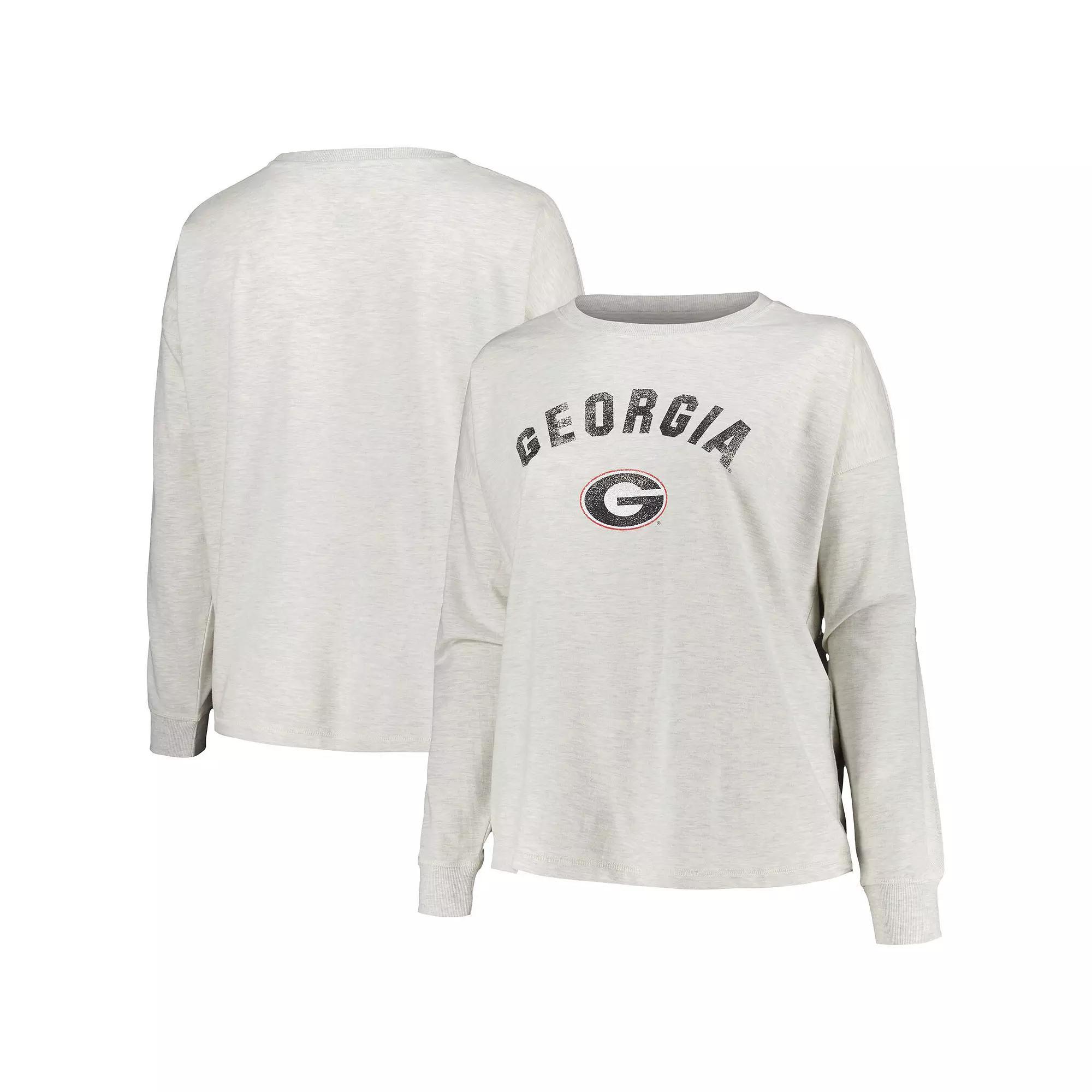 Women's Profile Oatmeal Georgia Bulldogs Plus Size Distressed Arch Over Logo Neutral Boxy Pullover Sweatshirt, Size: 1XL, Team Product Image