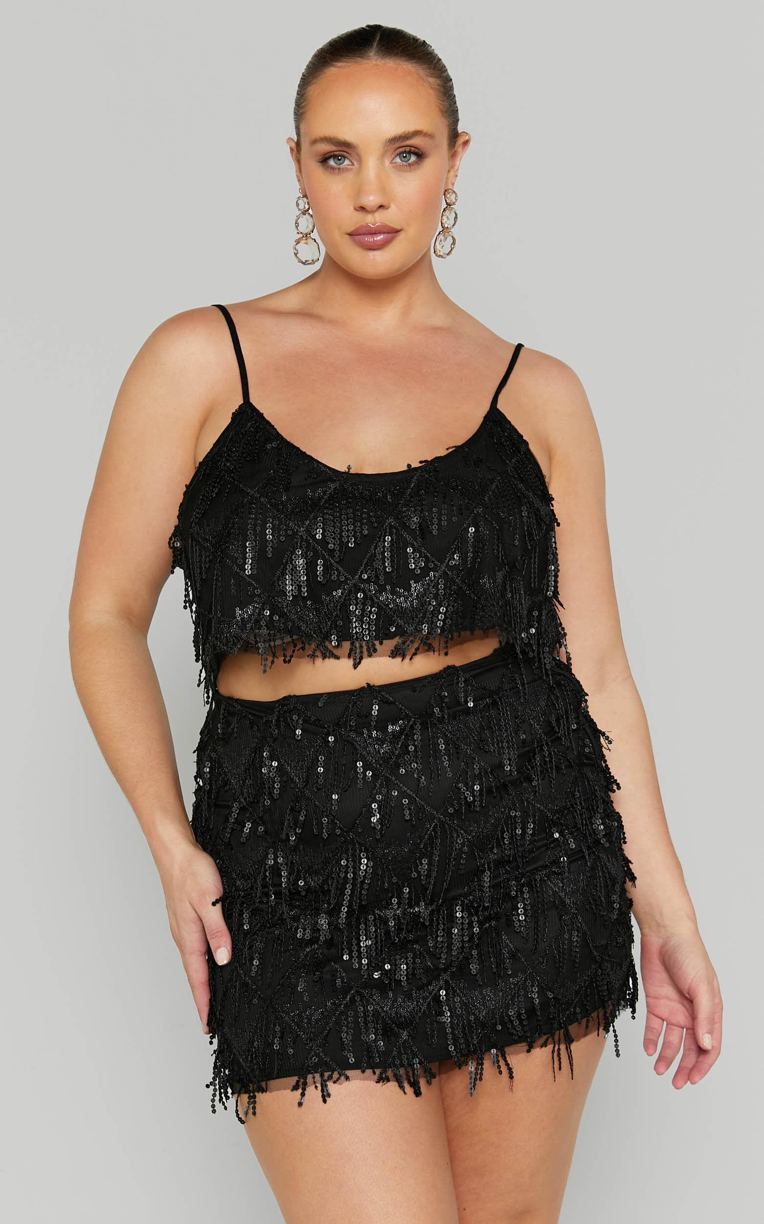 Khrizza Mini Skirt - Sequin Diamond Mesh Skirt in Black Product Image