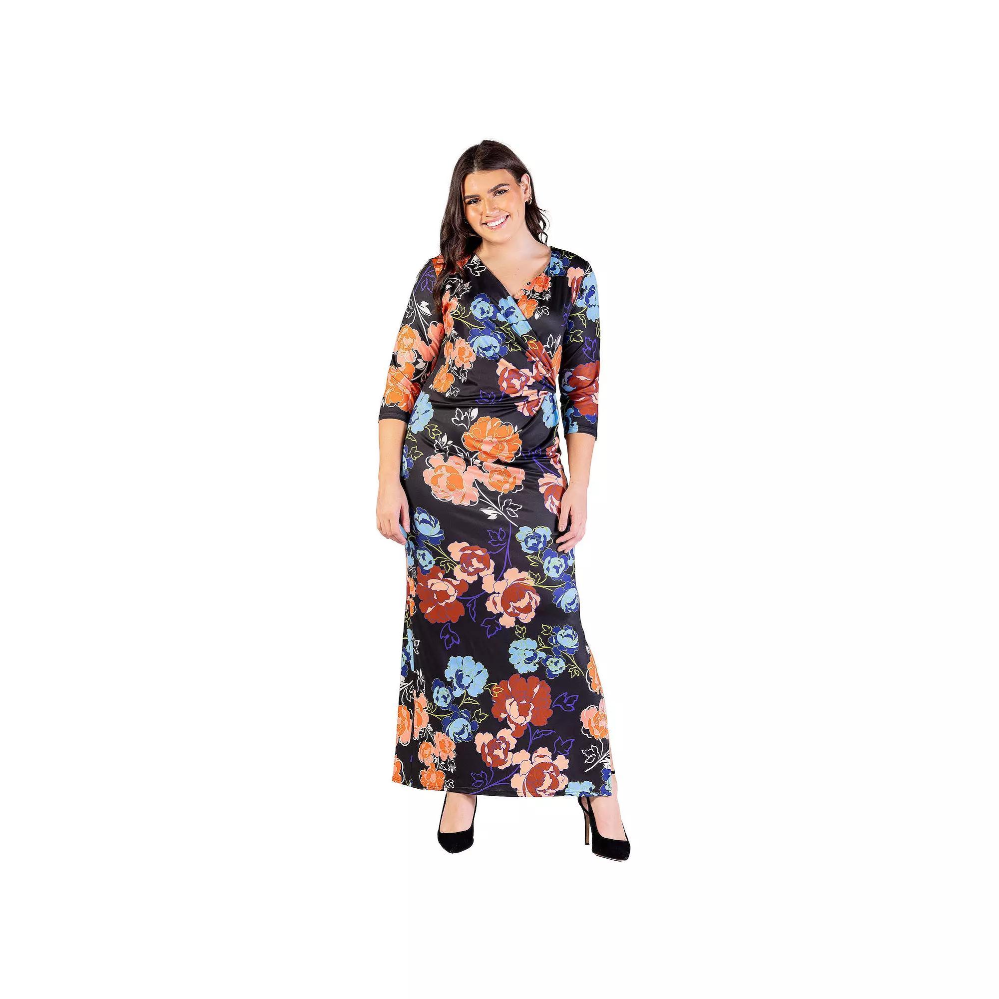 Plus Size 24Seven Comfort Apparel Black Floral Three Quarter Sleeve Side Slit Maxi Dress, Womens Blue Team Product Image