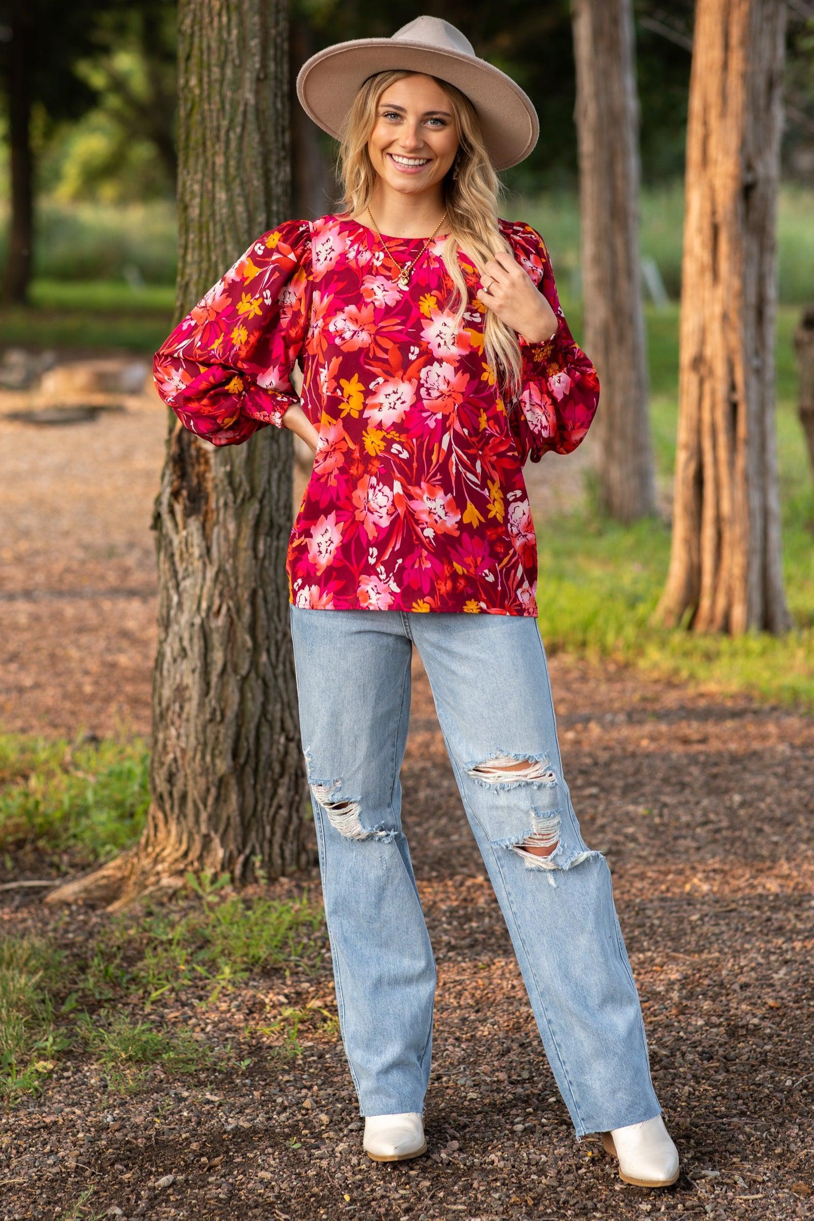 Burgundy and Orange Floral Smocked Cuff Top Product Image