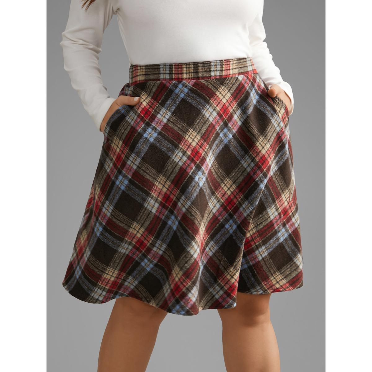 Plus Size Plaid Pattern Elastic Waist A-line Mini Skirt Women DarkBrown Elegant Low stretch Slanted pocket Everyday Skirts BloomChic 22-24/3X Product Image