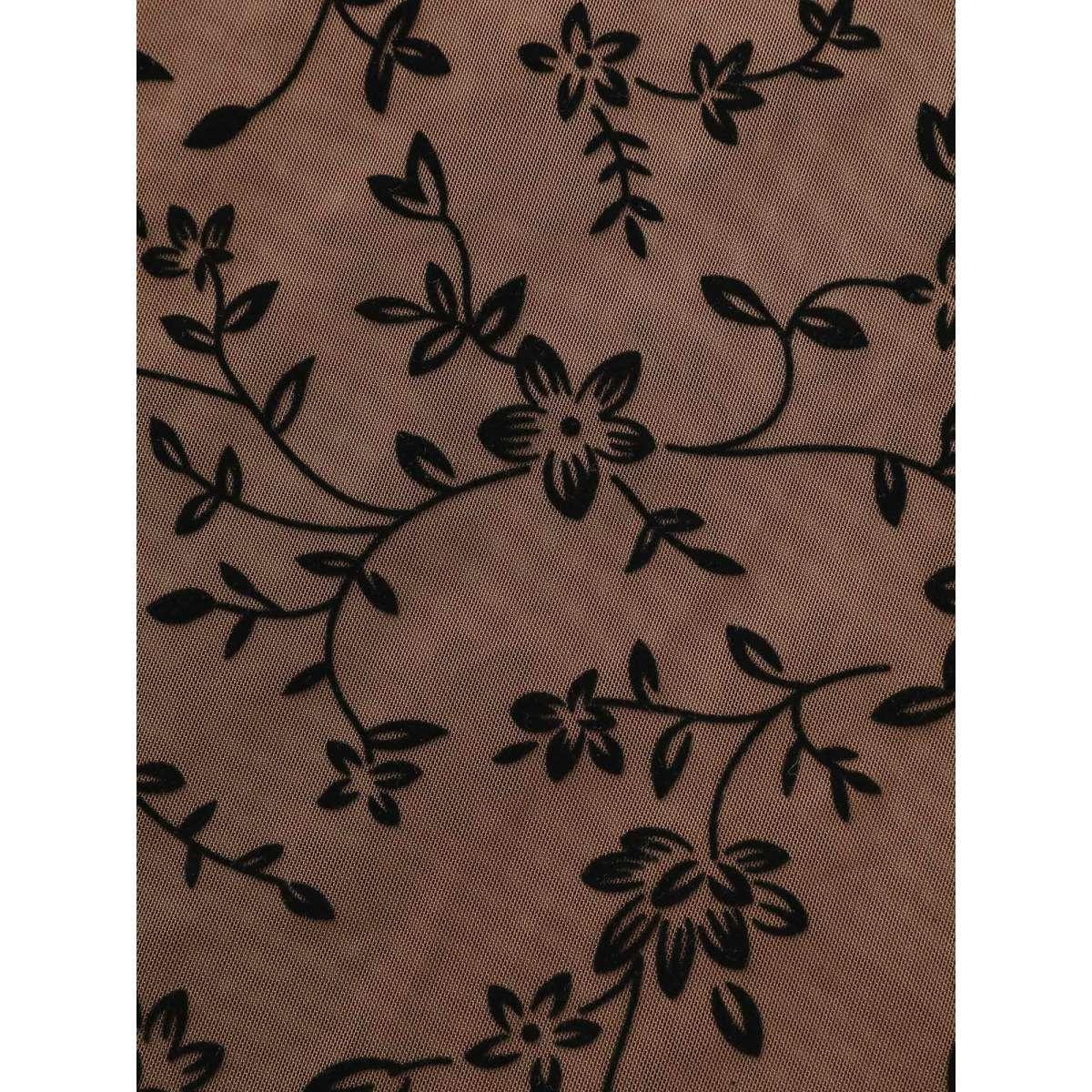 Plus Size Floral Flocking Mesh Mock Neck T-shirt DarkBrown Women Elegant See through Stand-up collar Skinny Everyday T-shirts BloomChic 28/5X Product Image