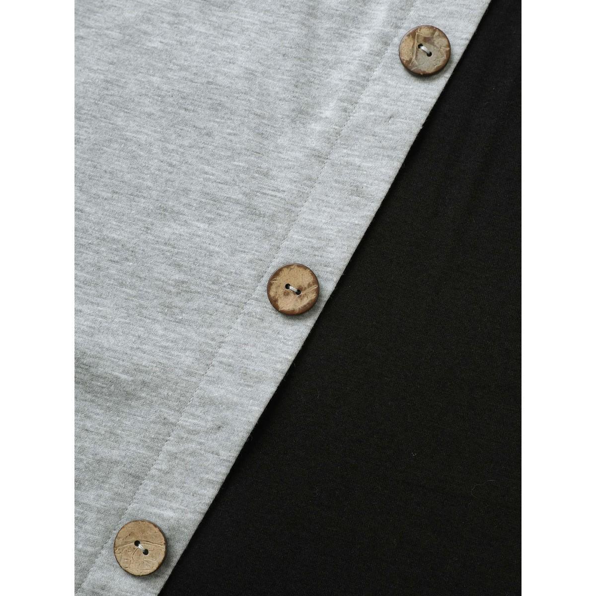 Plus Size Two Tone Button Detail Asymmetrical Neck T-shirt Black Women Casual Contrast Plain Asymmetrical Neck Everyday T-shirts BloomChic 14-16/1X Product Image