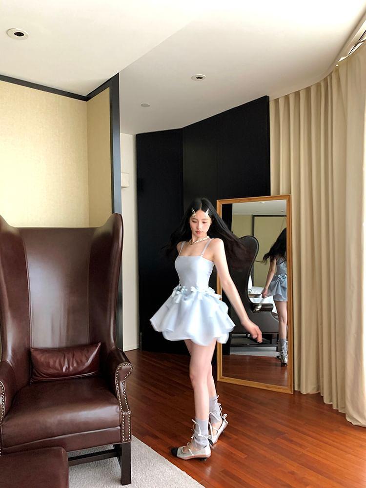 Spaghetti Strap Plain Bow Midi A-Line Dress Product Image