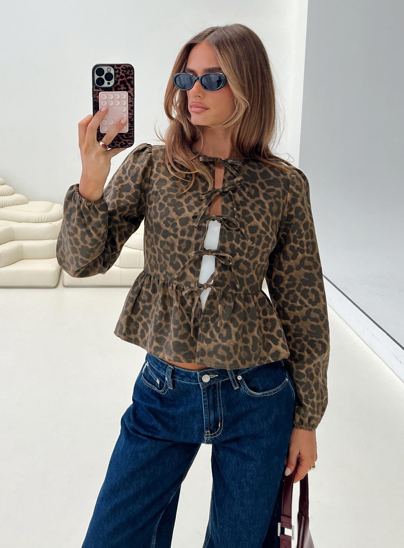 Recognize Tie Detail Long Sleeve Top Leopard Product Image