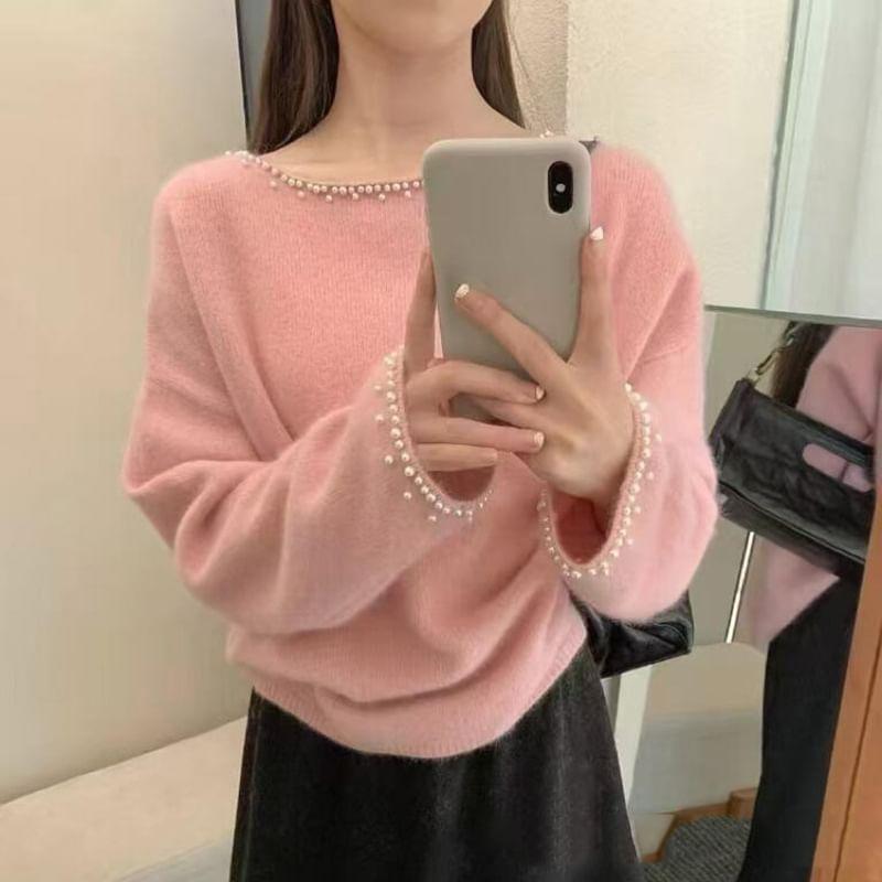 Boat Neck Plain Faux Pearl Accent Sweater Product Image
