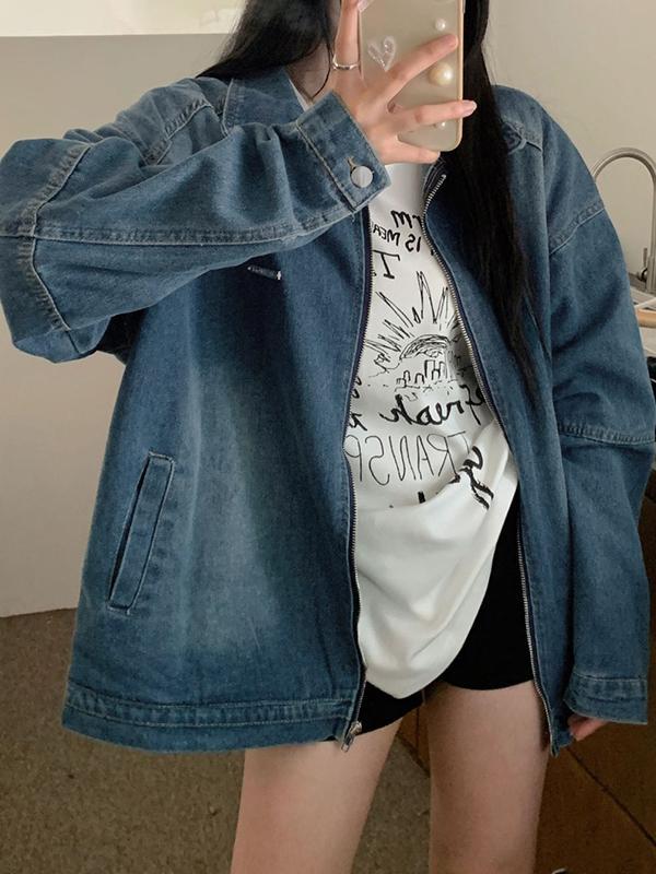 Vintage Blue Lapel Neck Zip Up Denim Jacket Product Image