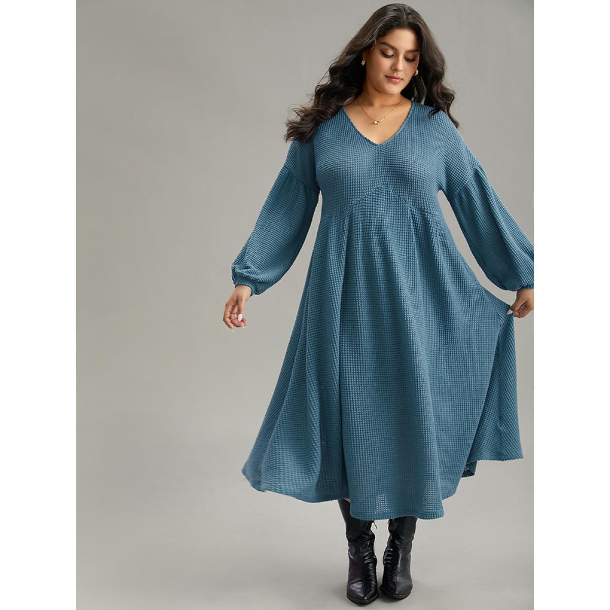 Plus Size Solid Waffle Knit Pocket Lantern Sleeve Dress Aegean Women Casual Texture V-neck Long Sleeve Curvy Midi Dress BloomChic 26/4X Product Image