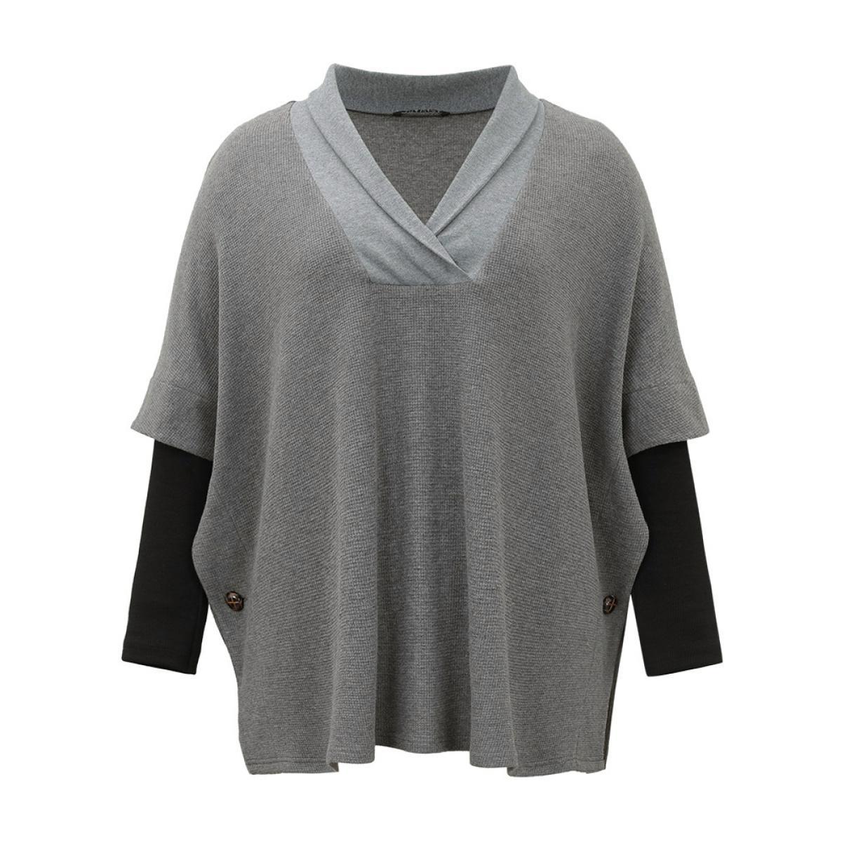 Plus Size Waffle Knit Batwing Sleeve Lapel Collar Sweatshirt Women Gray Casual Patchwork Lapel Collar Dailywear Sweatshirts BloomChic 22-24/3X Product Image