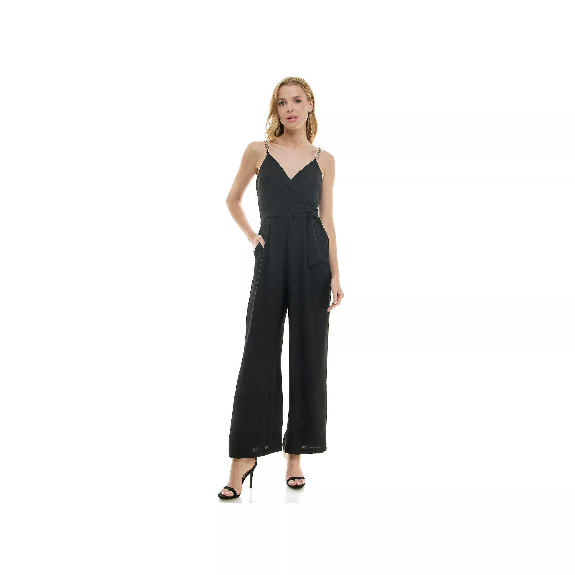 Women's Luxology Faux-Wrap Trim Detail Jumpsuit, Size: Small, Black Product Image