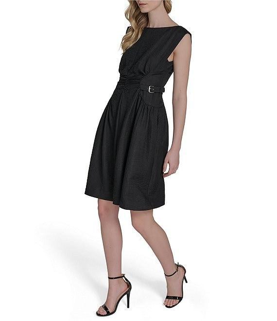 Vince Camuto Woven Boat Neck Sleeveless Ruched Fit and Flare Dress Product Image