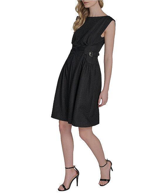 Vince Camuto Woven Boat Neck Sleeveless Ruched Fit and Flare Dress Product Image