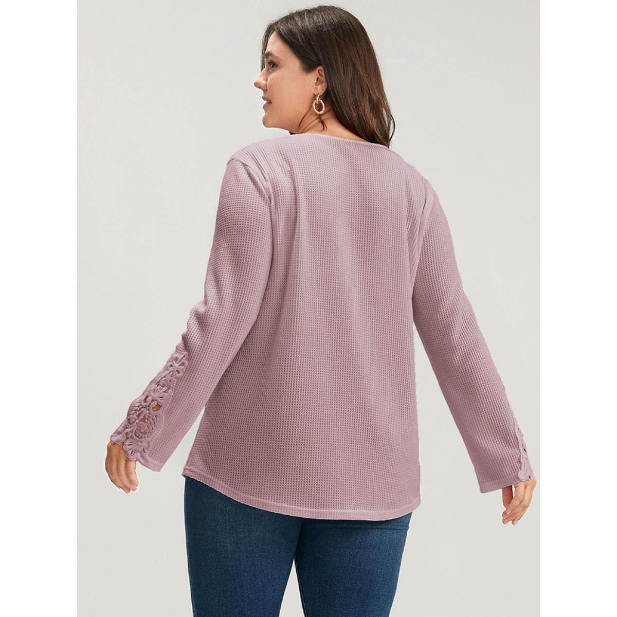 Plus Size Solid Button Up Waffle Knit Long Tee Lilac Women Elegant Plain Plain Round Neck Dailywear T-shirts BloomChic 30/6X Product Image