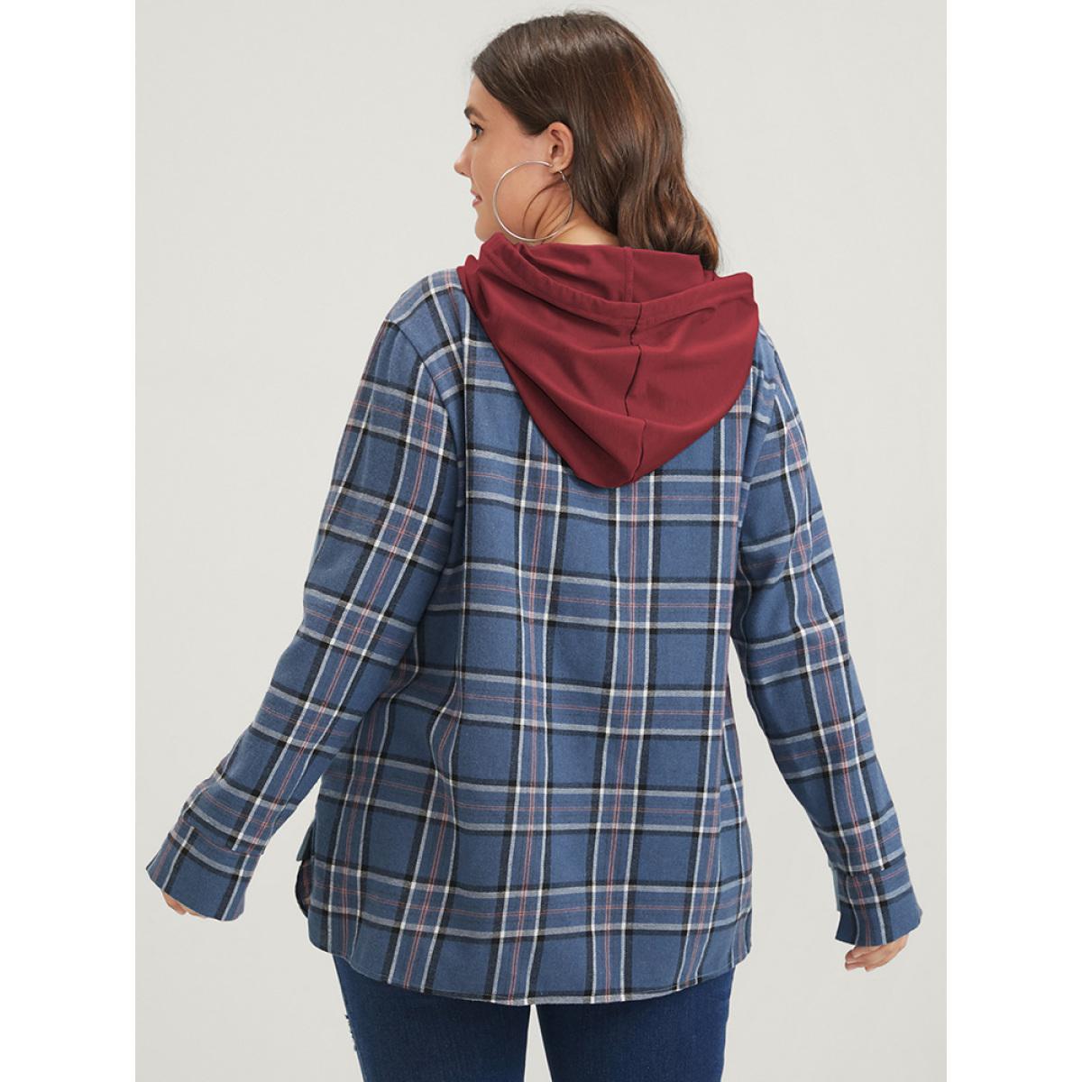 Plus Size Plaid Contrast Asymmetrical Drawstring Hooded Sweatshirt Women Scarlet Casual Contrast Loose Hooded Dailywear Sweatshirts BloomChic 18-20/2X Product Image