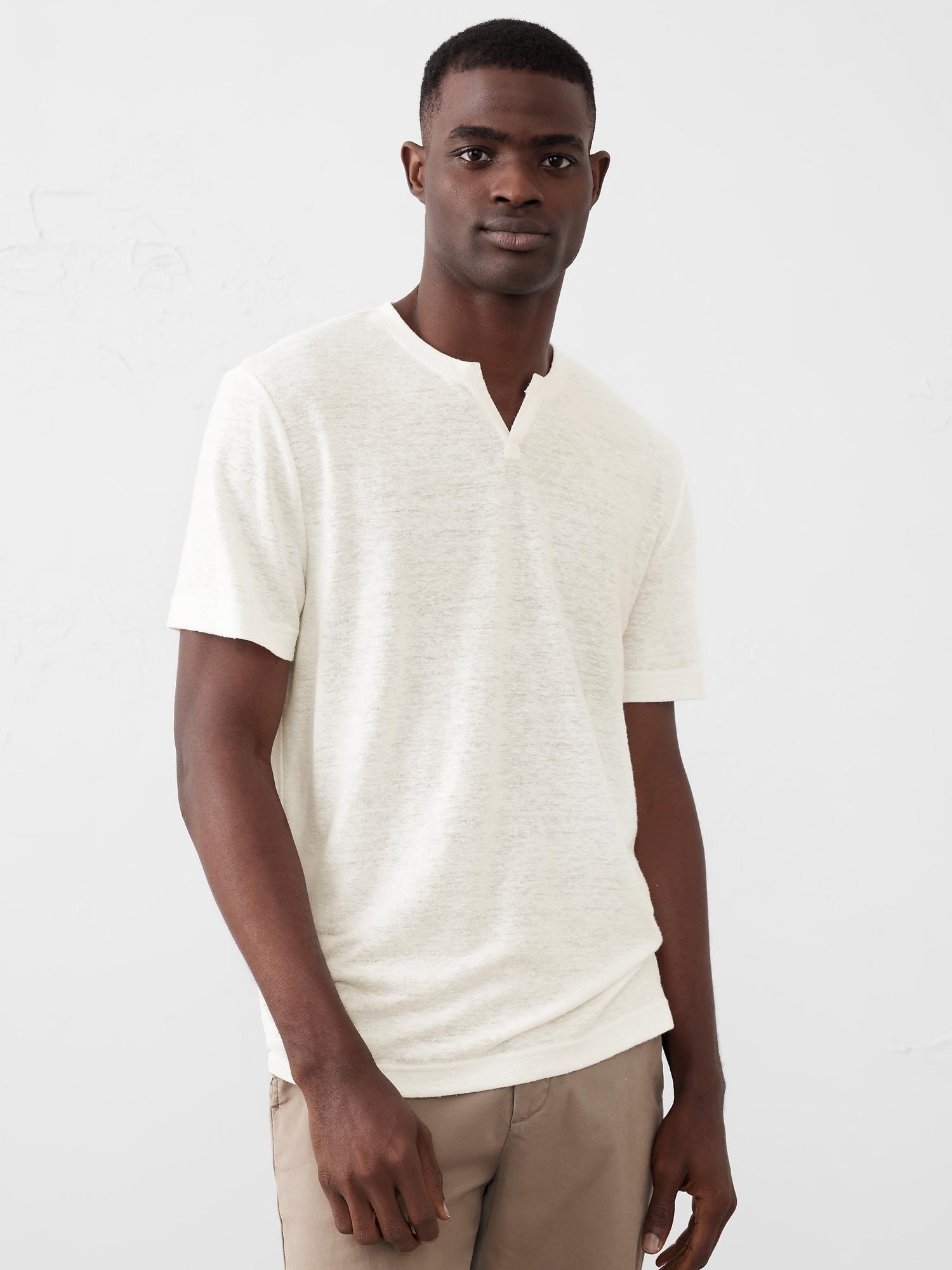 Linen-Blend Notch-Neck T-Shirt Product Image