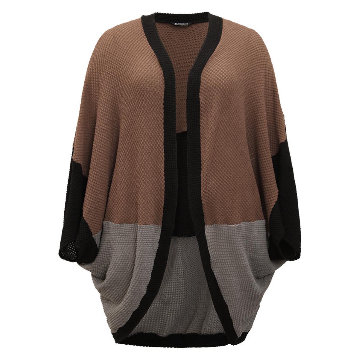 Plus Size Halloween Contrast Waffle Knit Batwing Sleeve Kimono Women DarkBrown Casual Texture Dailywear Kimonos BloomChic 12/L Product Image