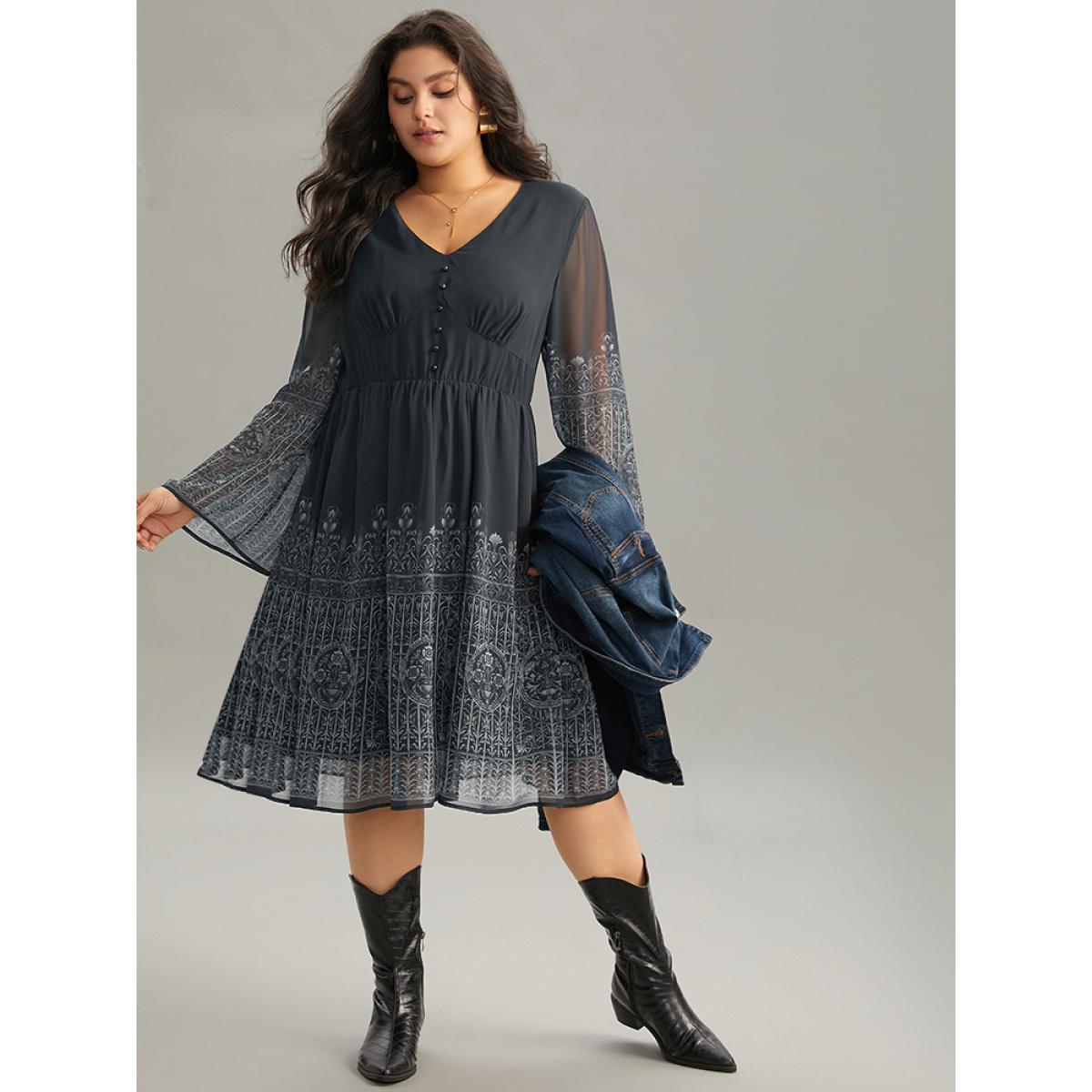 Plus Size Boho Print Button Detail Bell Sleeve Dress BlackFlower Women Office Printed V-neck Long Sleeve Curvy Midi Dress BloomChic 14-16/1X Product Image