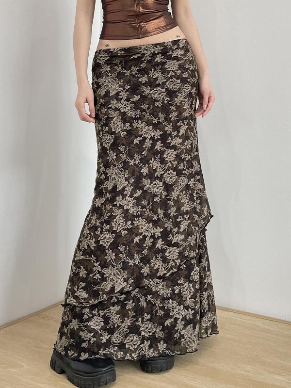Vintage Style Netting Small Broken Flowers Maxi Skirt Product Image