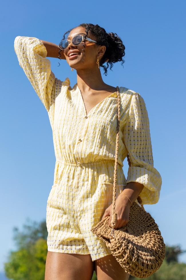 Set On You Yellow Gingham Long Sleeve Romper SALE Product Image