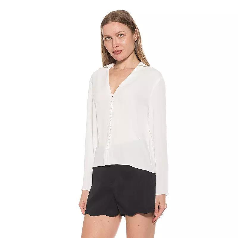 Women's ALEXIA ADMOR Lori Long Sleeve V-Neck Shirt, Size: Large, Ivory Product Image