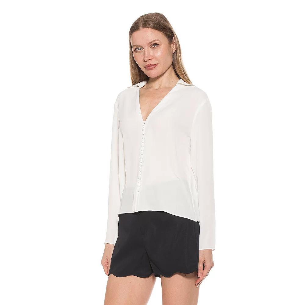 Women's ALEXIA ADMOR Lori Long Sleeve V-Neck Shirt, Size: Large, Ivory Product Image