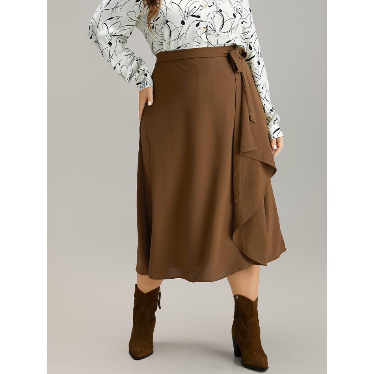 Plus Size Anti-Wrinkle Solid Asymmetrical Hem Ties Skirt Women Tan Office Cross straps Loose No stretch Belt Work Skirts BloomChic 10/M Product Image
