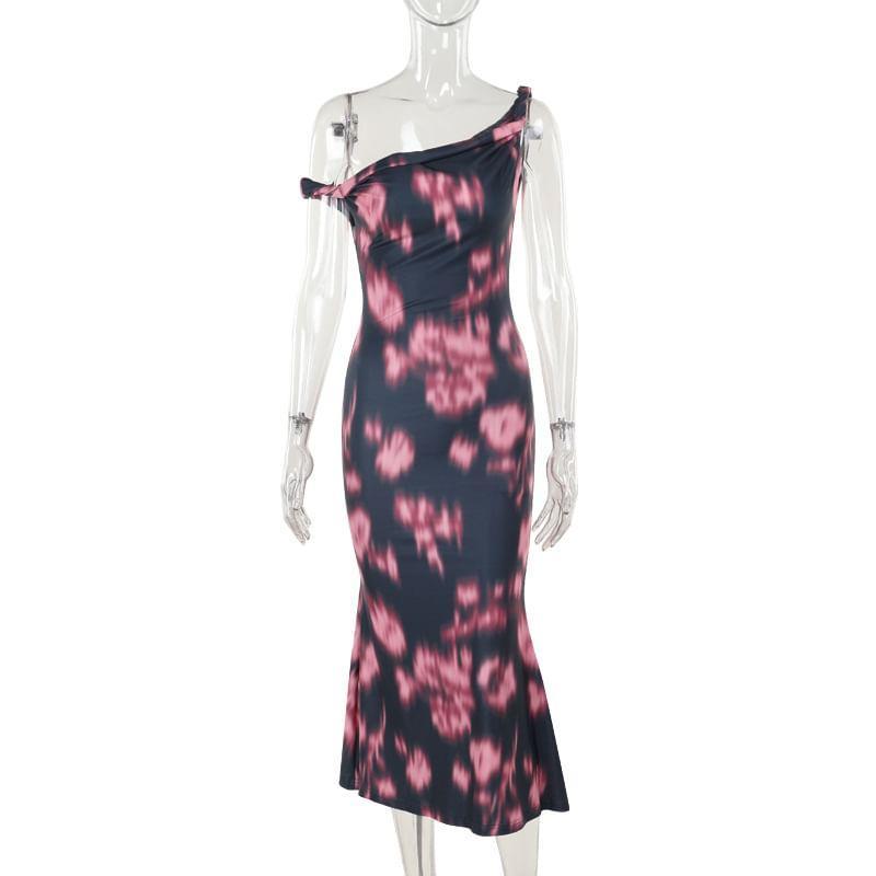 One Shoulder Tie Dye Ruched Bodycon Maxi Dress Product Image