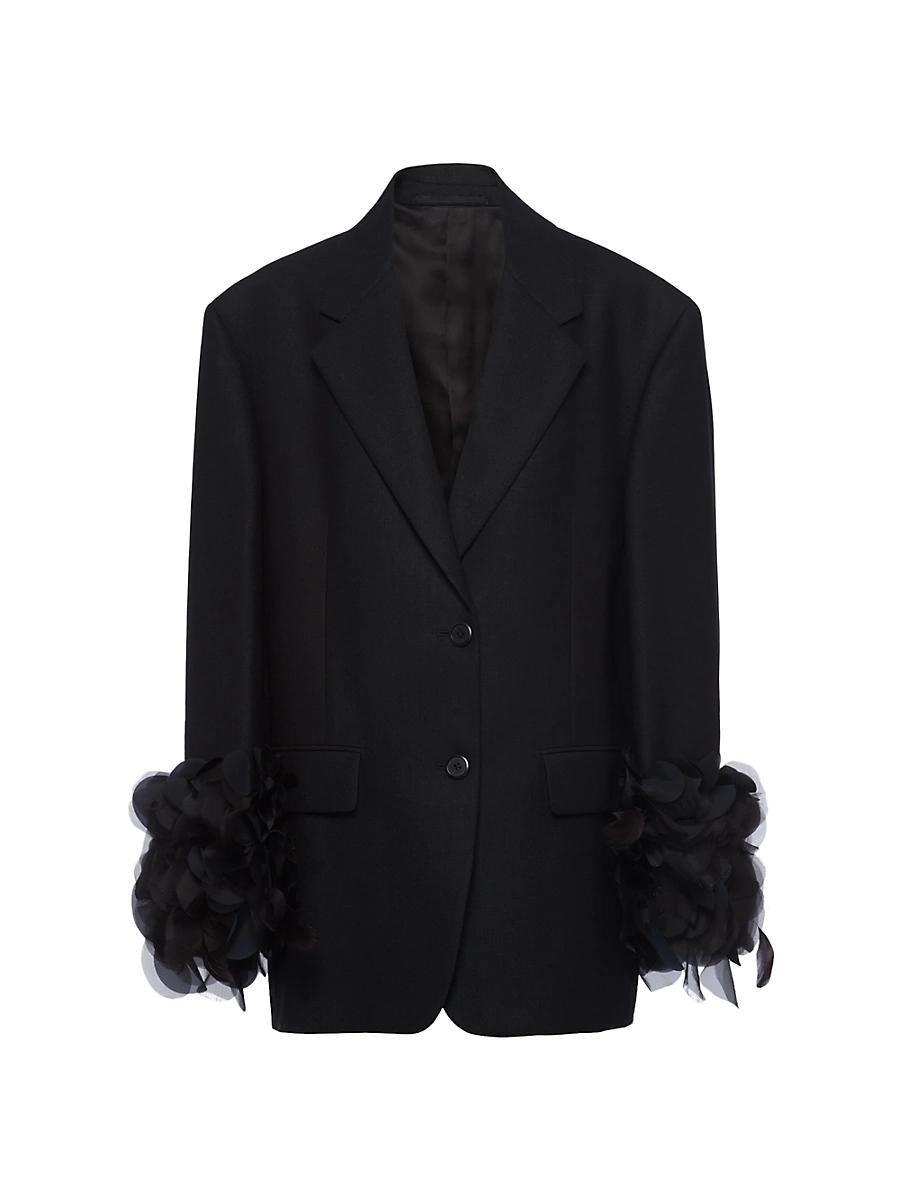 Womens Single-Breasted Wool Jacket with Feather Trim Product Image