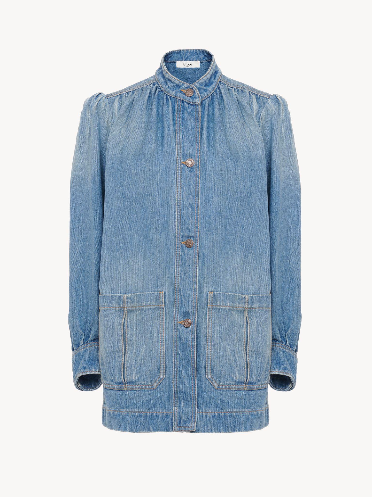 High-neck gathered jacket in denim Product Image