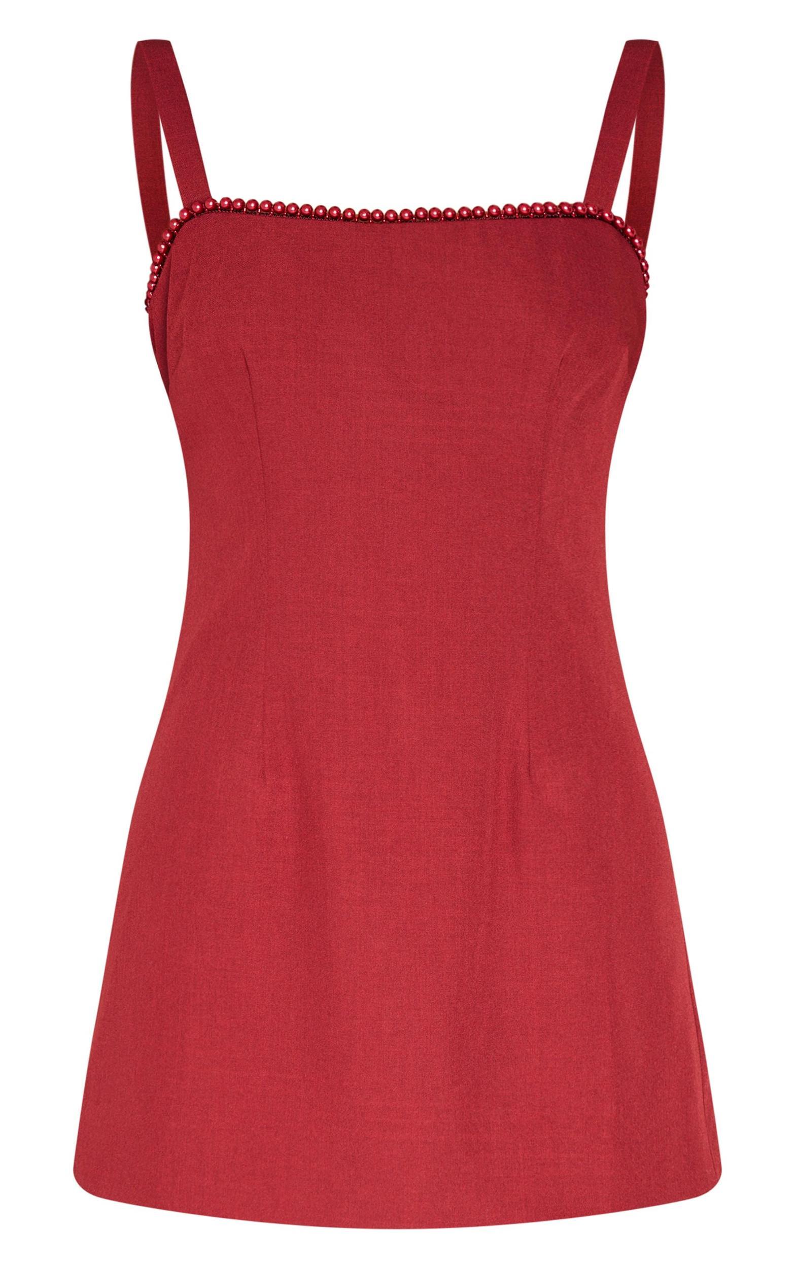 Cherry Red Woven Pearl Mini Dress Product Image