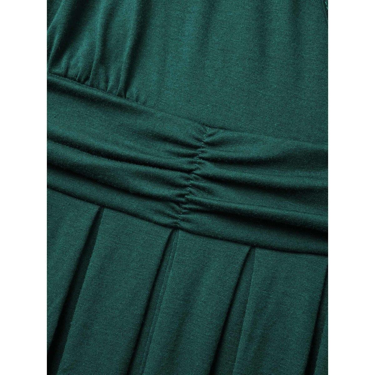 Plus Size Supersoft Essentials Ruched Wrap Pleated Hem Dress DarkGreen Women Casual Non Overlap Collar Long Sleeve Curvy Midi Dress BloomChic 26/4X Product Image