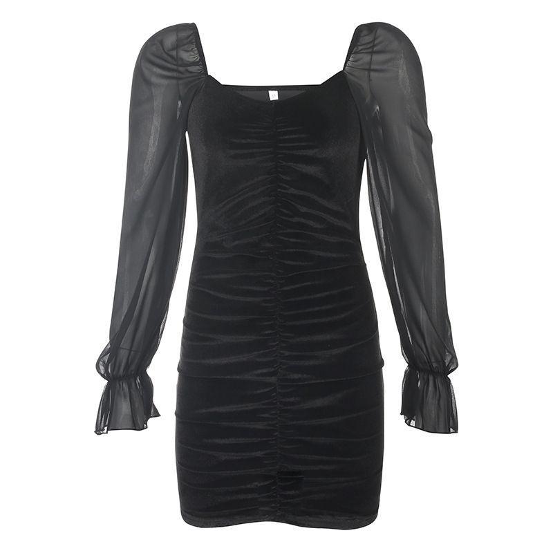 Square-Neck Mesh Panel Lantern-Sleeve Mini Bodycon Dress Product Image