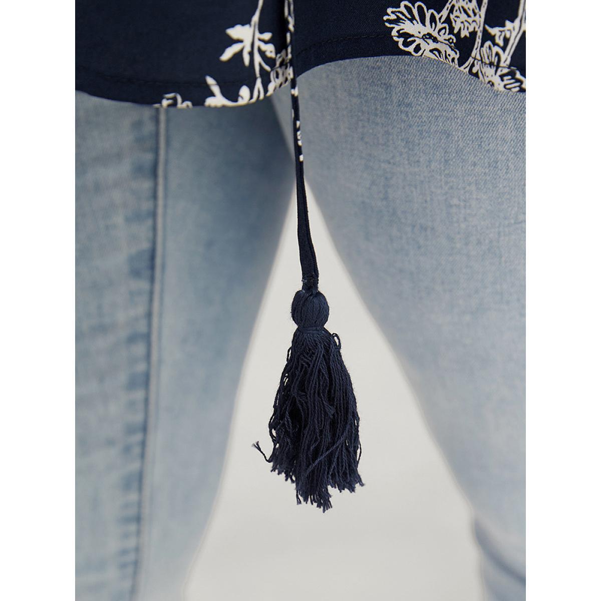 Plus Size Indigo Floral Tassels Tie Neck Contrast Lace Blouse Women Elegant Short sleeve Tie Neck Dailywear Blouses BloomChic 18-20/2X Product Image