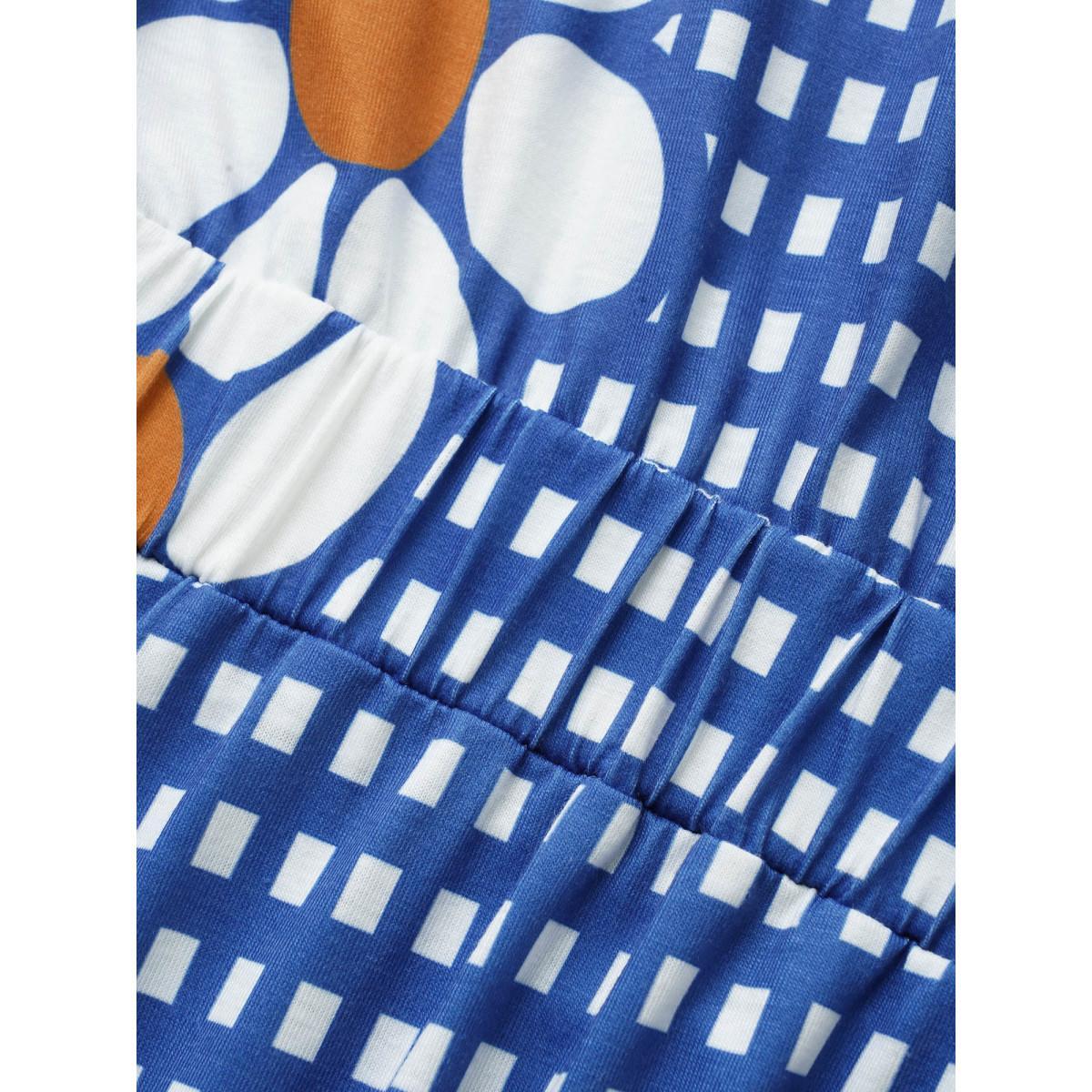 Plus Size Gingham Floral Elastic Waist Midi Dress Skyblue Women Casual Non Heart neckline Short sleeve Curvy BloomChic 10/M Product Image