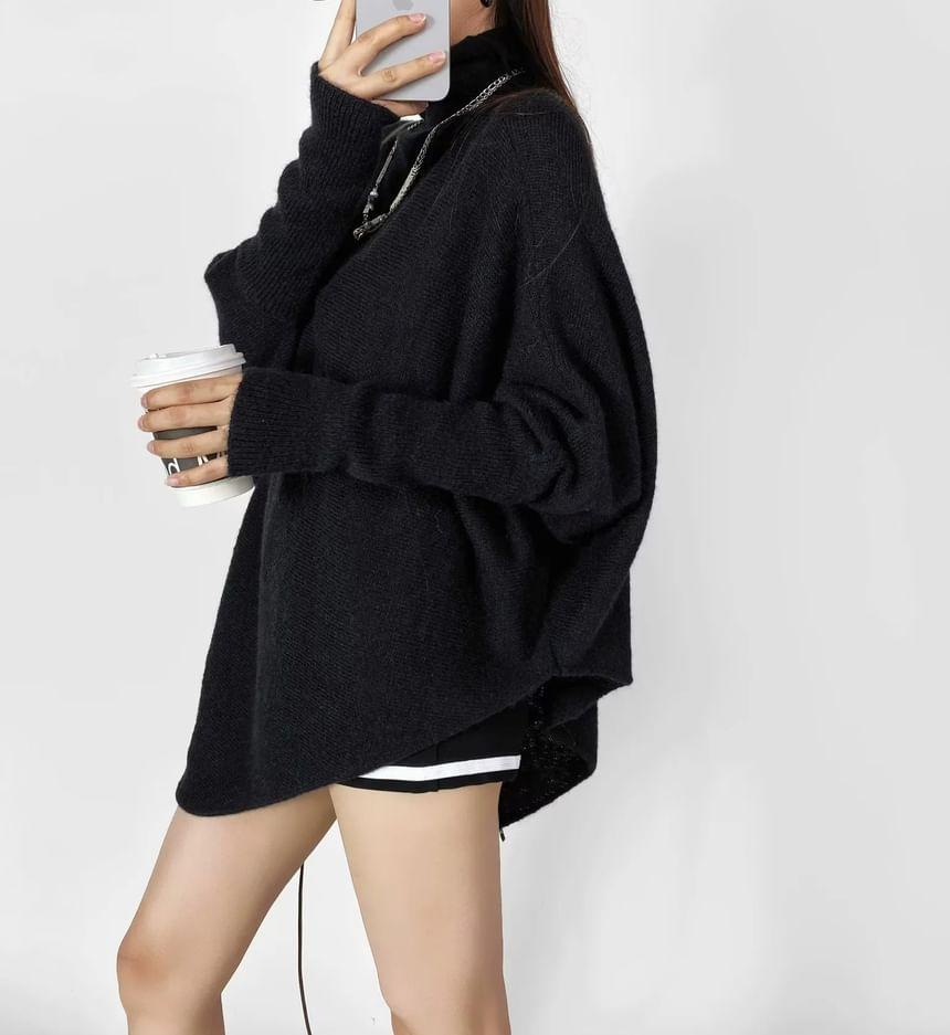 Turtleneck Asymmetrical Plain Sweater Product Image