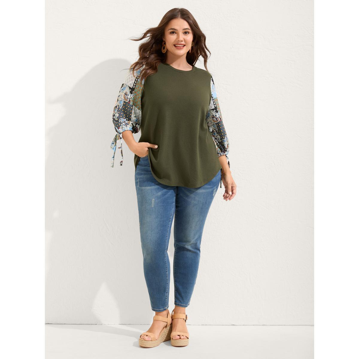 Plus Size Boho Print Ribbed Sleeve Tie Sweatshirt Women ArmyGreen Round Neck Vacation Sweatshirts BloomChic 28/5X Product Image