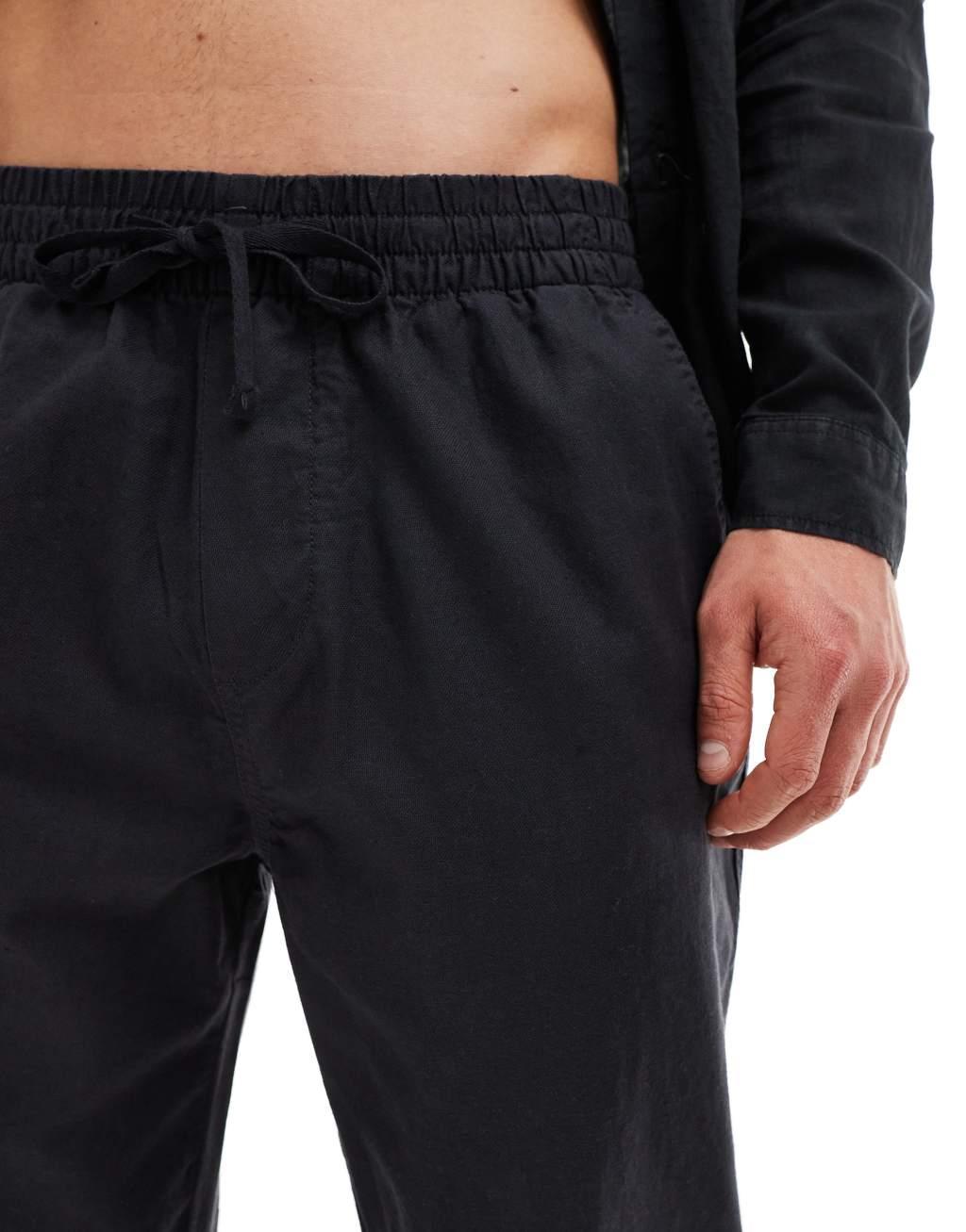 Pull&Bear linen mix wide leg pants in black Product Image